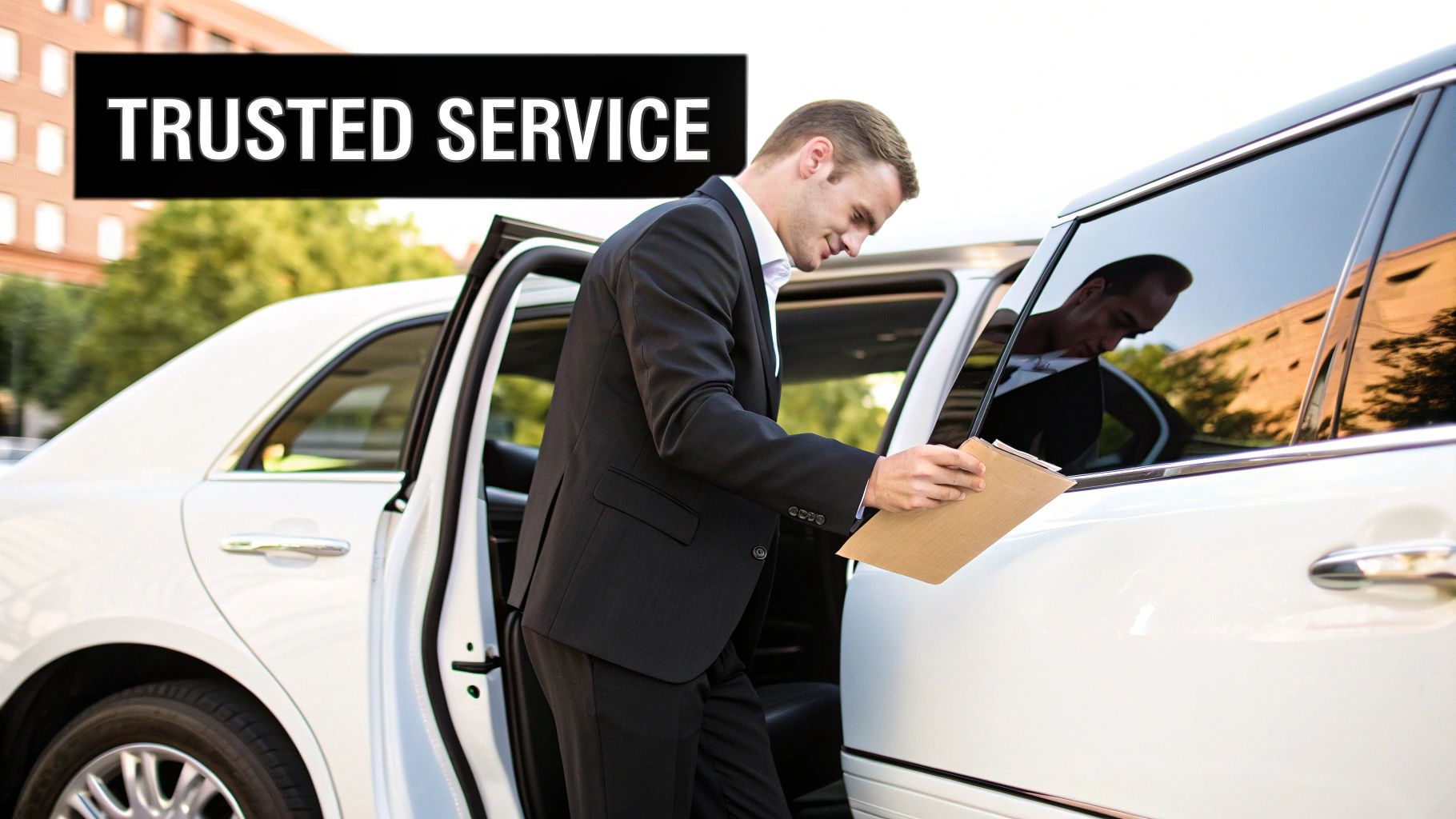 A professional chauffeur opening the door of a black stretch limousine in Chicago