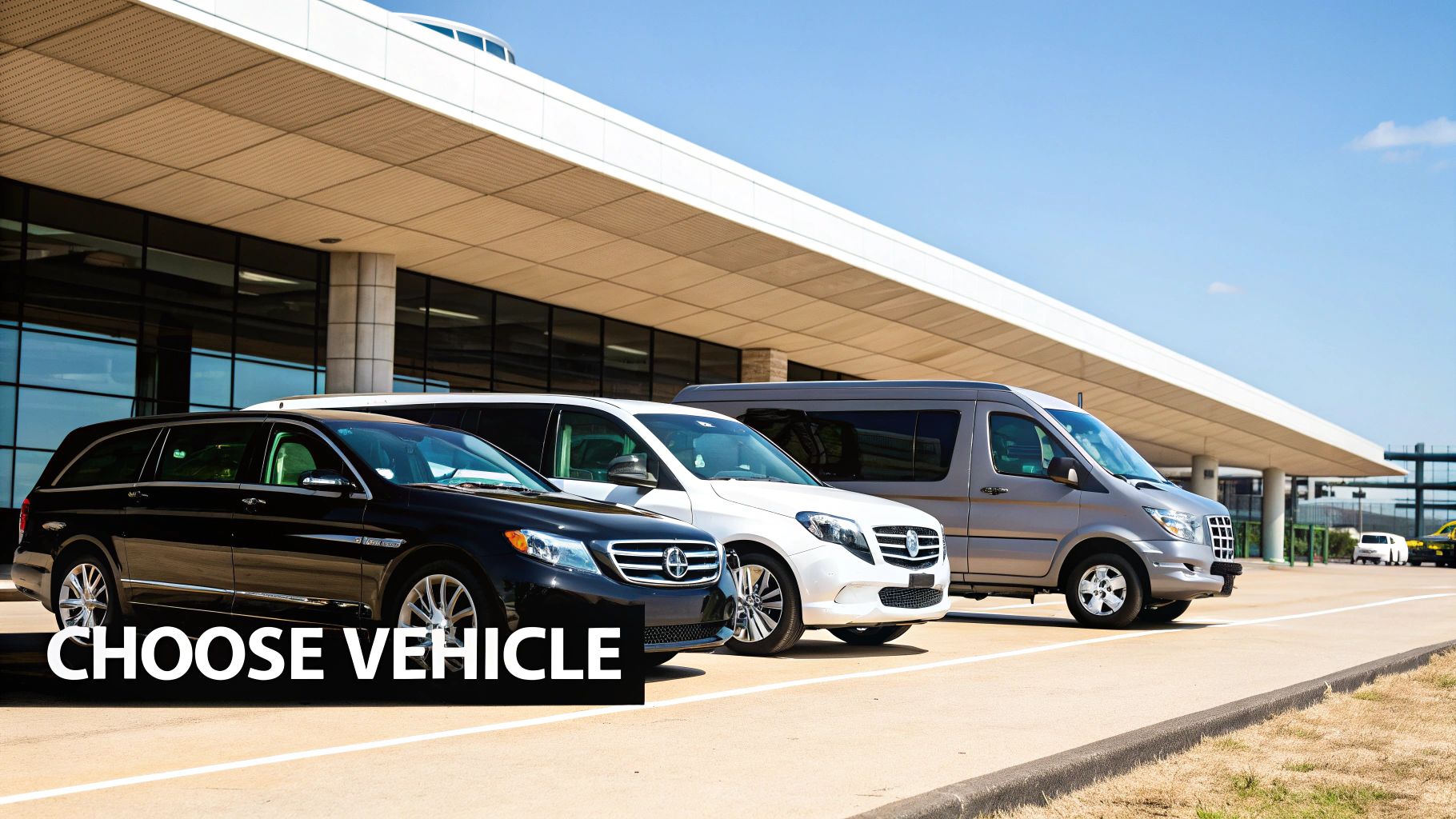Three luxury transport vehicles, including a black car and two vans, parked outside a modern building.