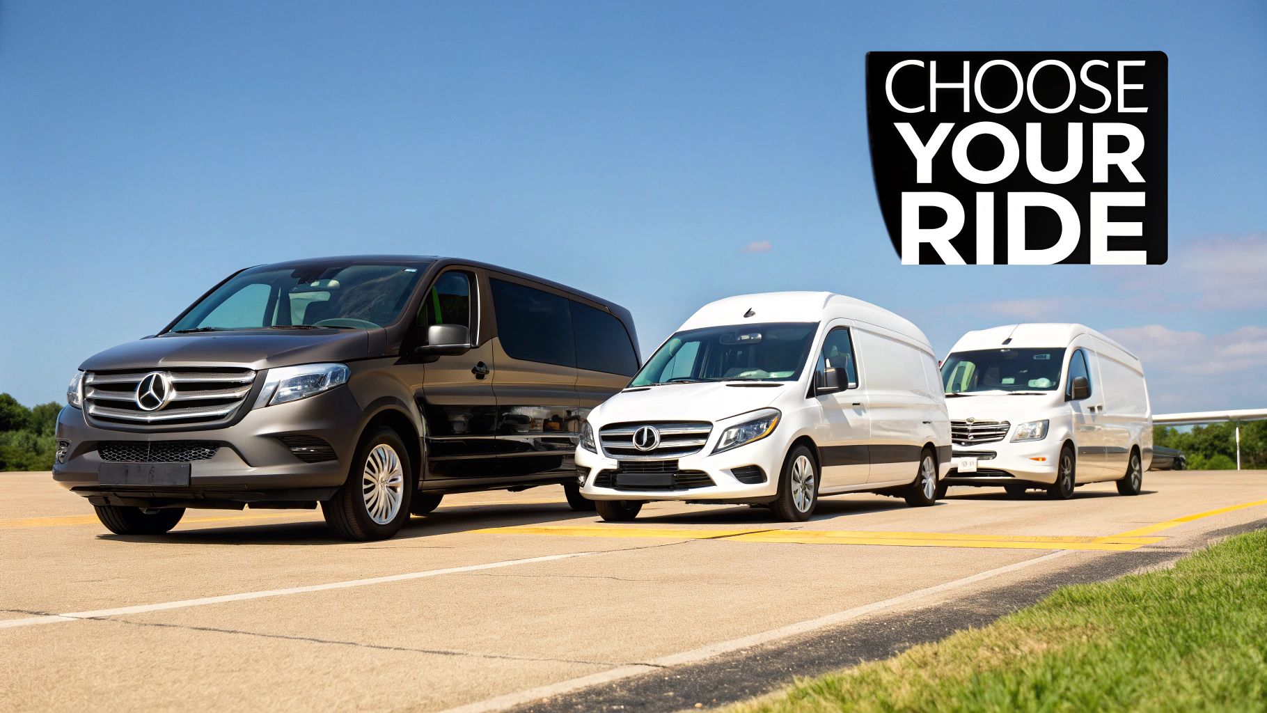 Three Mercedes-Benz luxury vans parked on road offering premium transportation options