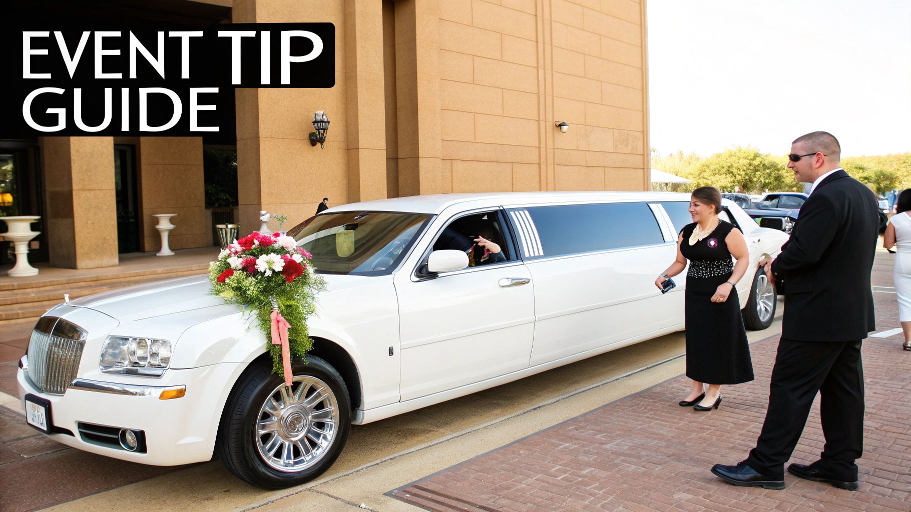 A decorated wedding limousine waiting for the bride and groom.