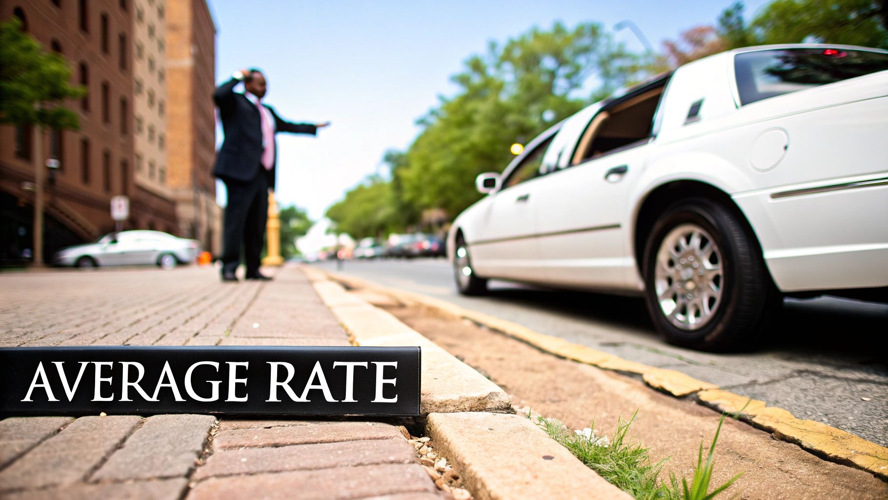 A man in a suit hails a white limousine on a city street with an 'AVERAGE RATE' sign.
