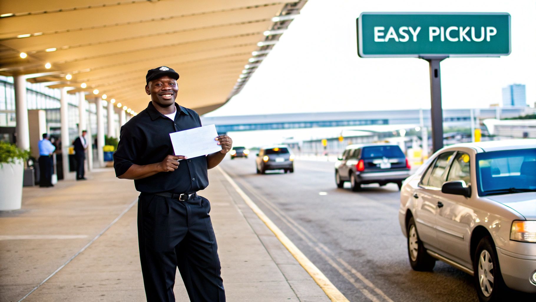 A professional chauffeur meeting a traveler inside O'Hare International Airport.