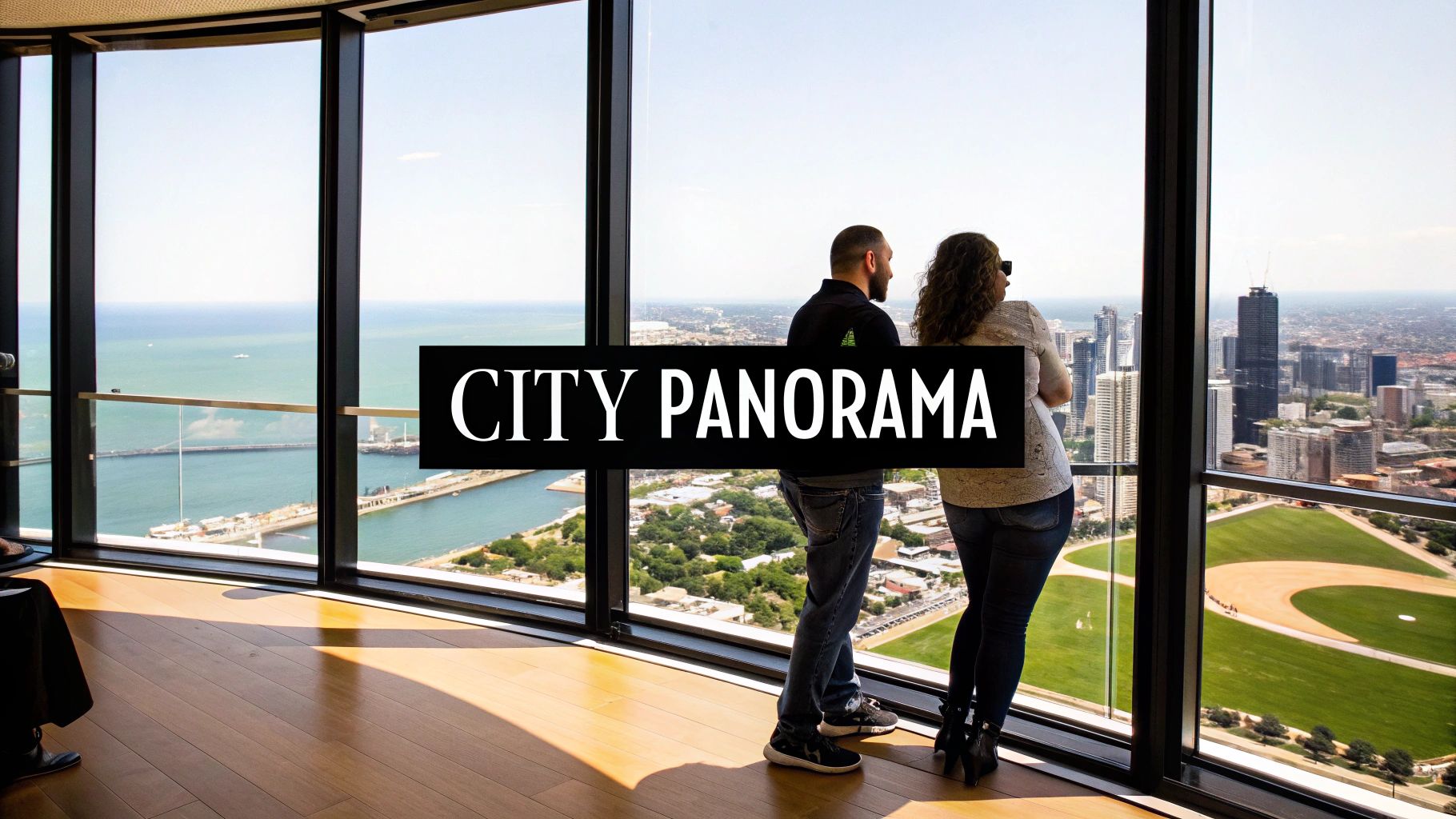 A couple stands by a large window, gazing at a panoramic city and lake view with a baseball field.