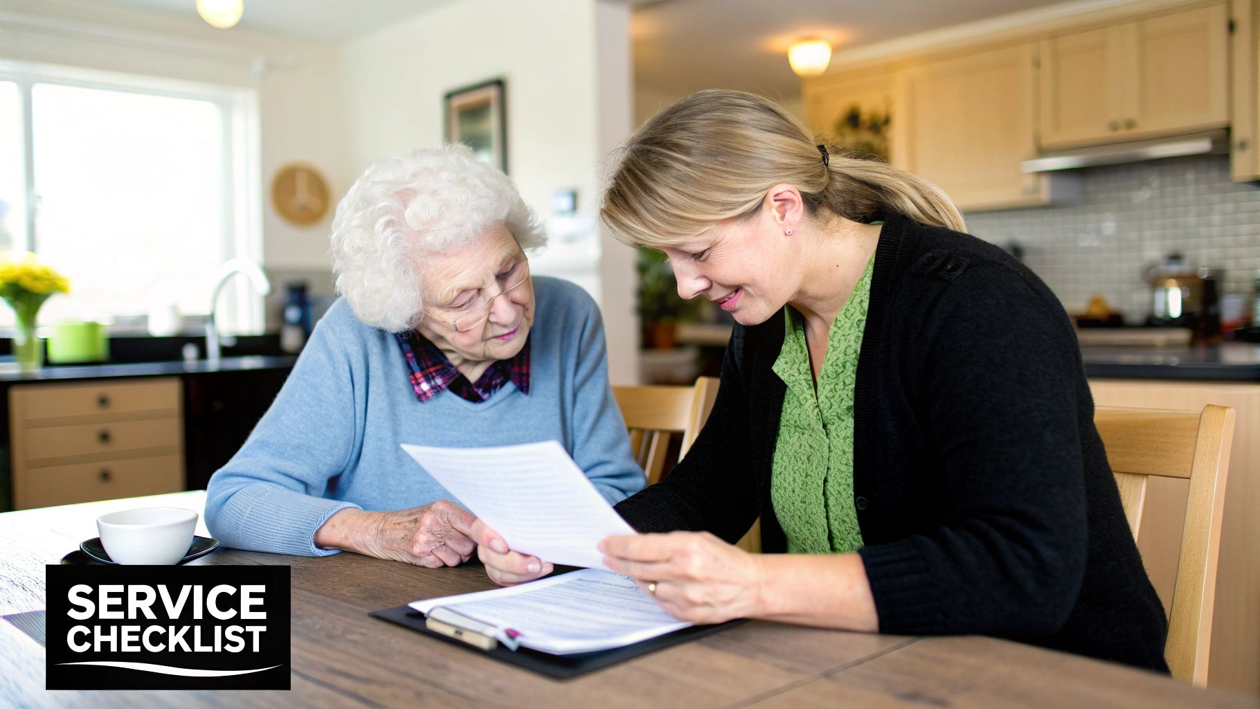 An elderly woman smiling while a caregiver helps her into a clean, modern car.