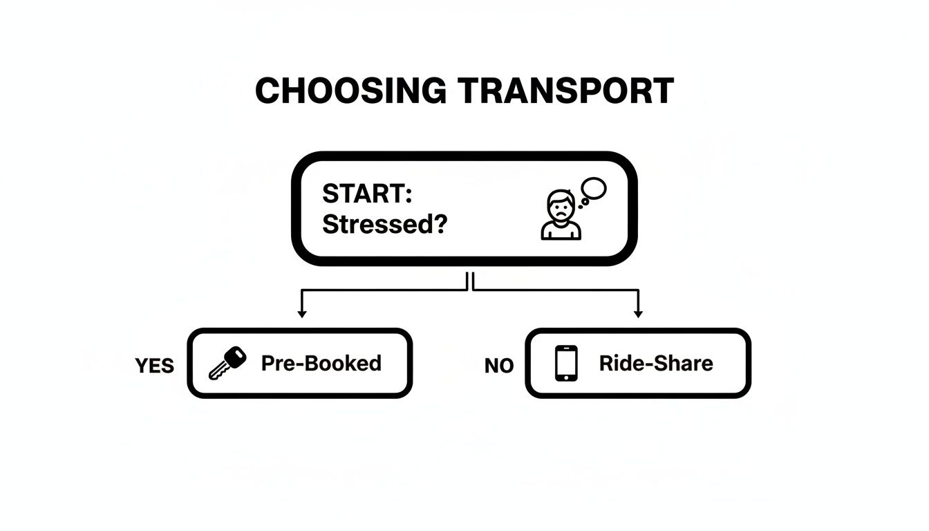 Flowchart illustrating transport choices: if stressed, choose pre-booked; if not, opt for ride-share.