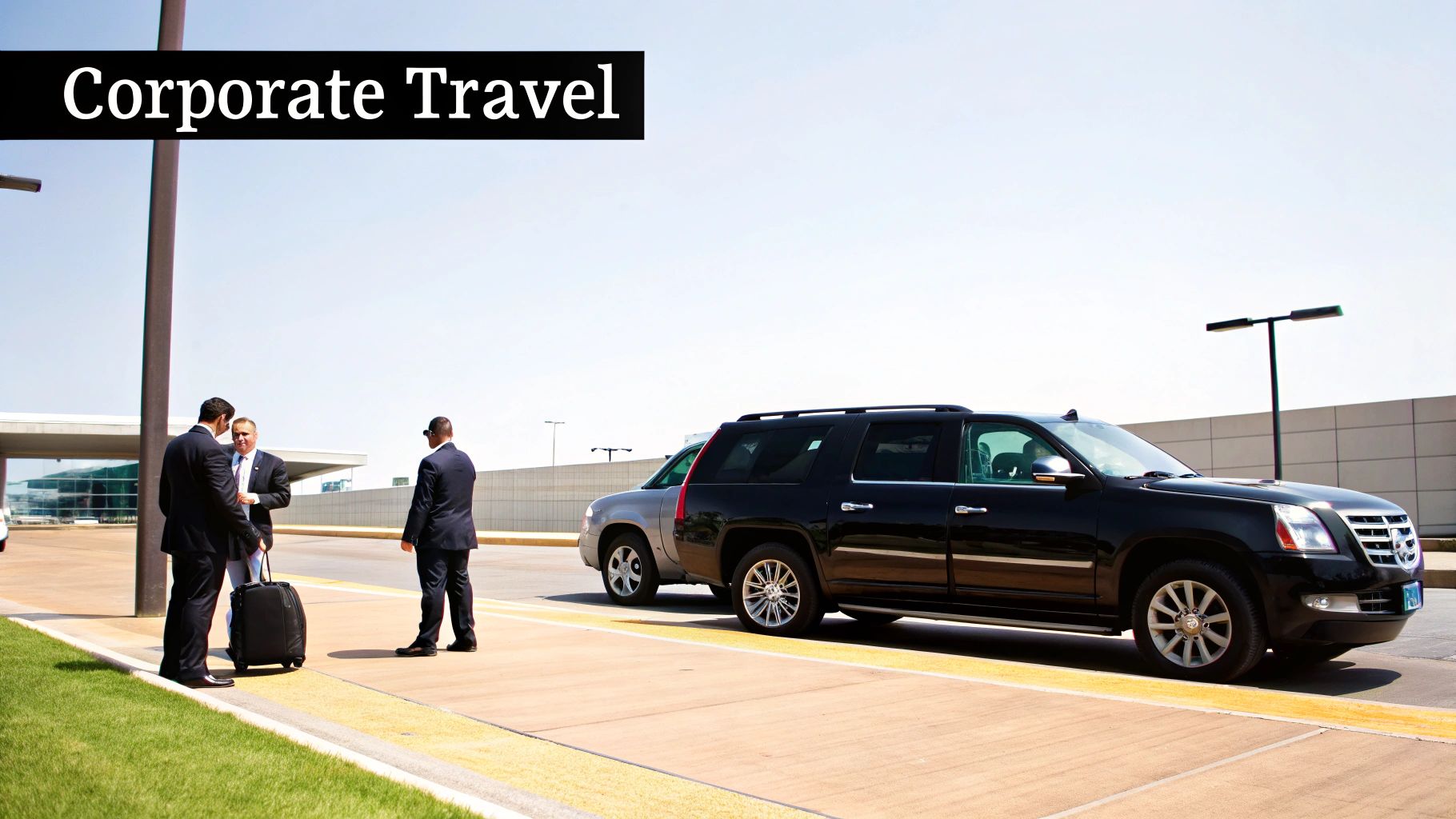 Black luxury SUV providing corporate airport transportation service with business professionals and luggage