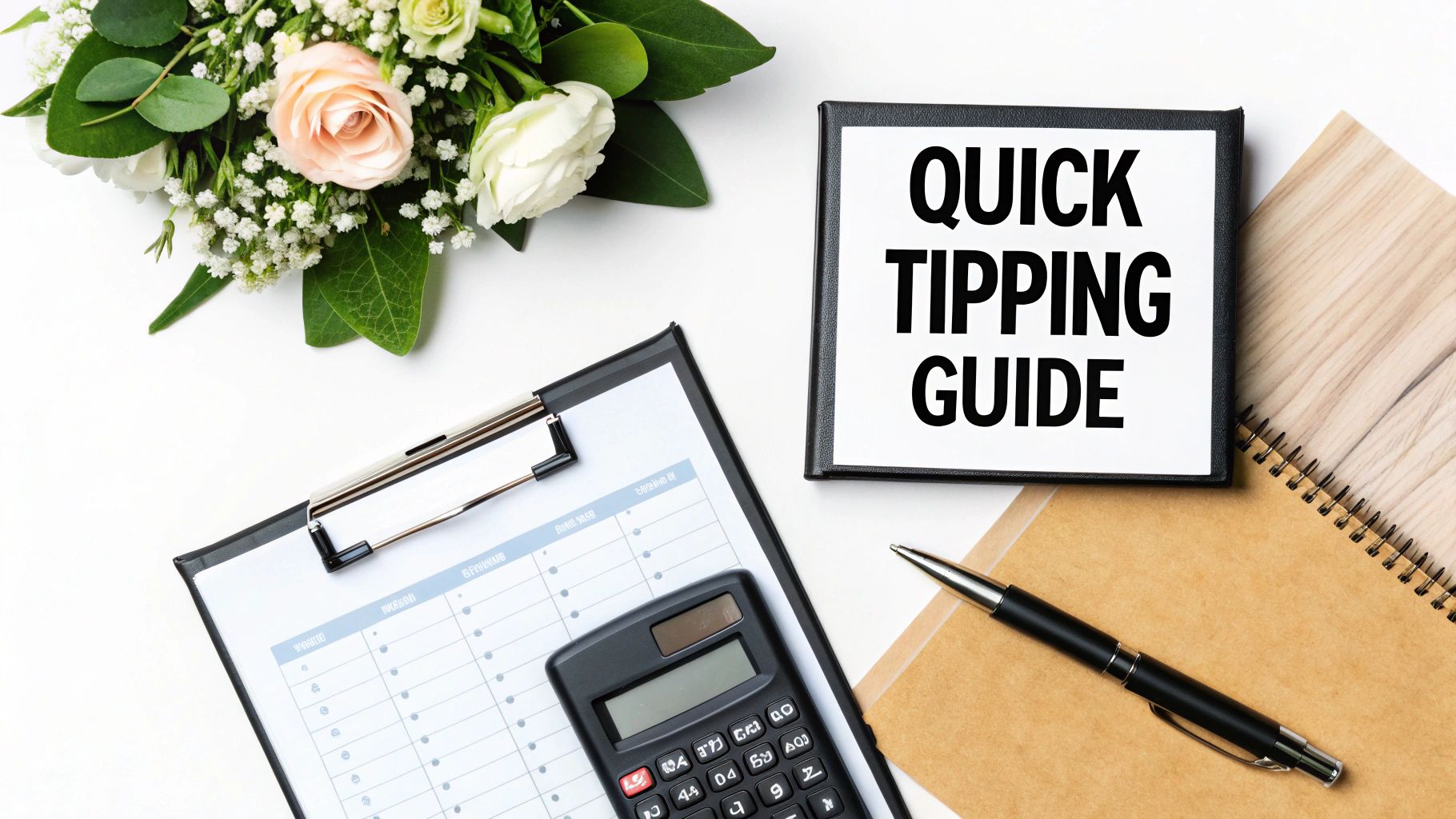 A flat lay showing a 'Quick Tipping Guide' book, calculator, clipboard, and wedding flowers.
