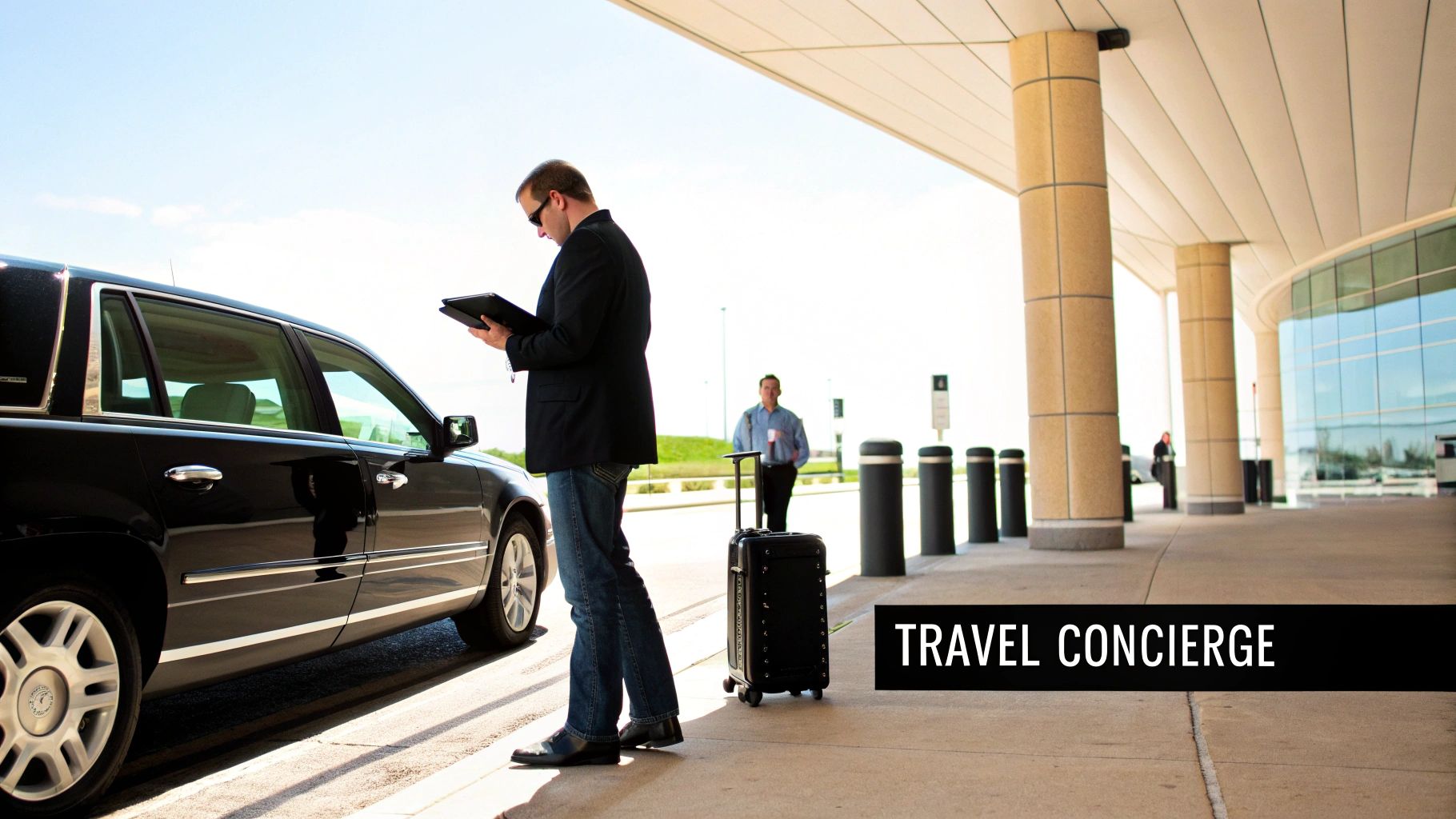 Professional businessman using tablet while waiting for luxury airport transportation service at terminal