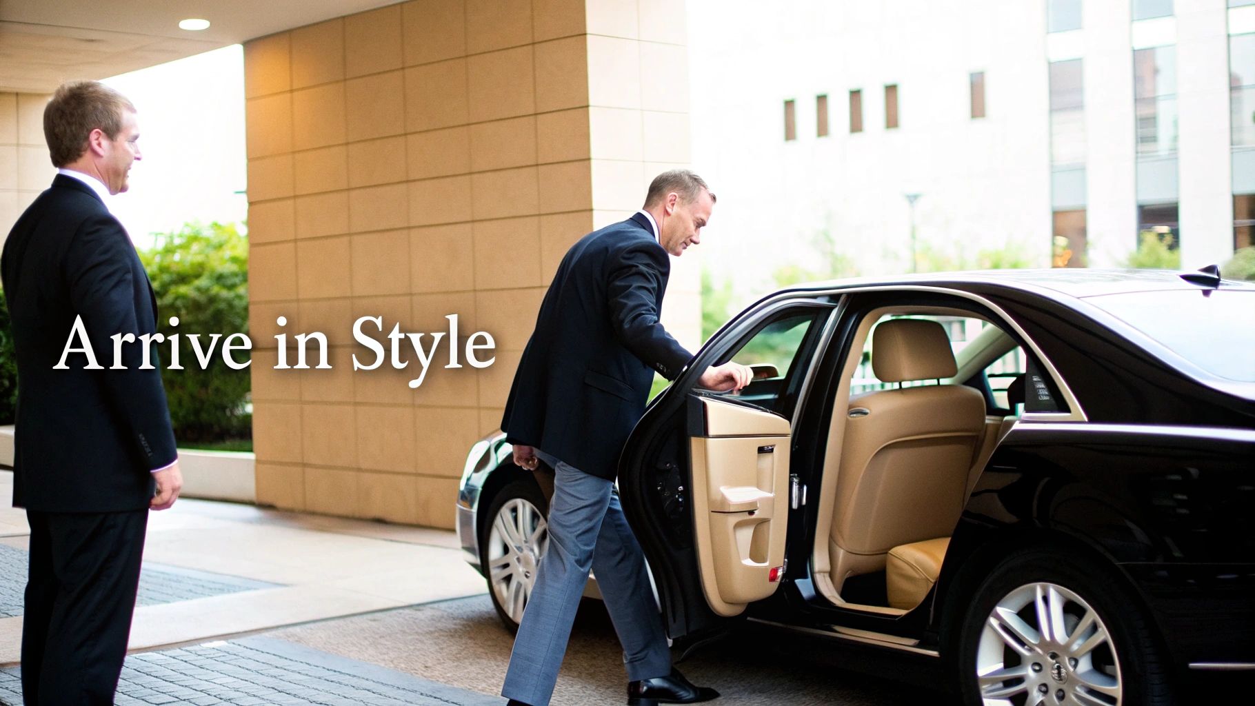 A chauffeur assists a client with luggage next to a luxury black car at an airport terminal.
