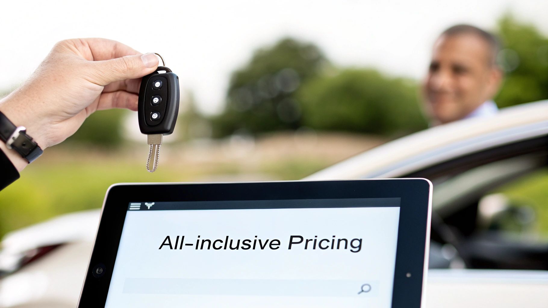 A hand holds car keys over a tablet displaying 'All-inclusive Pricing', with a person and car in the background.