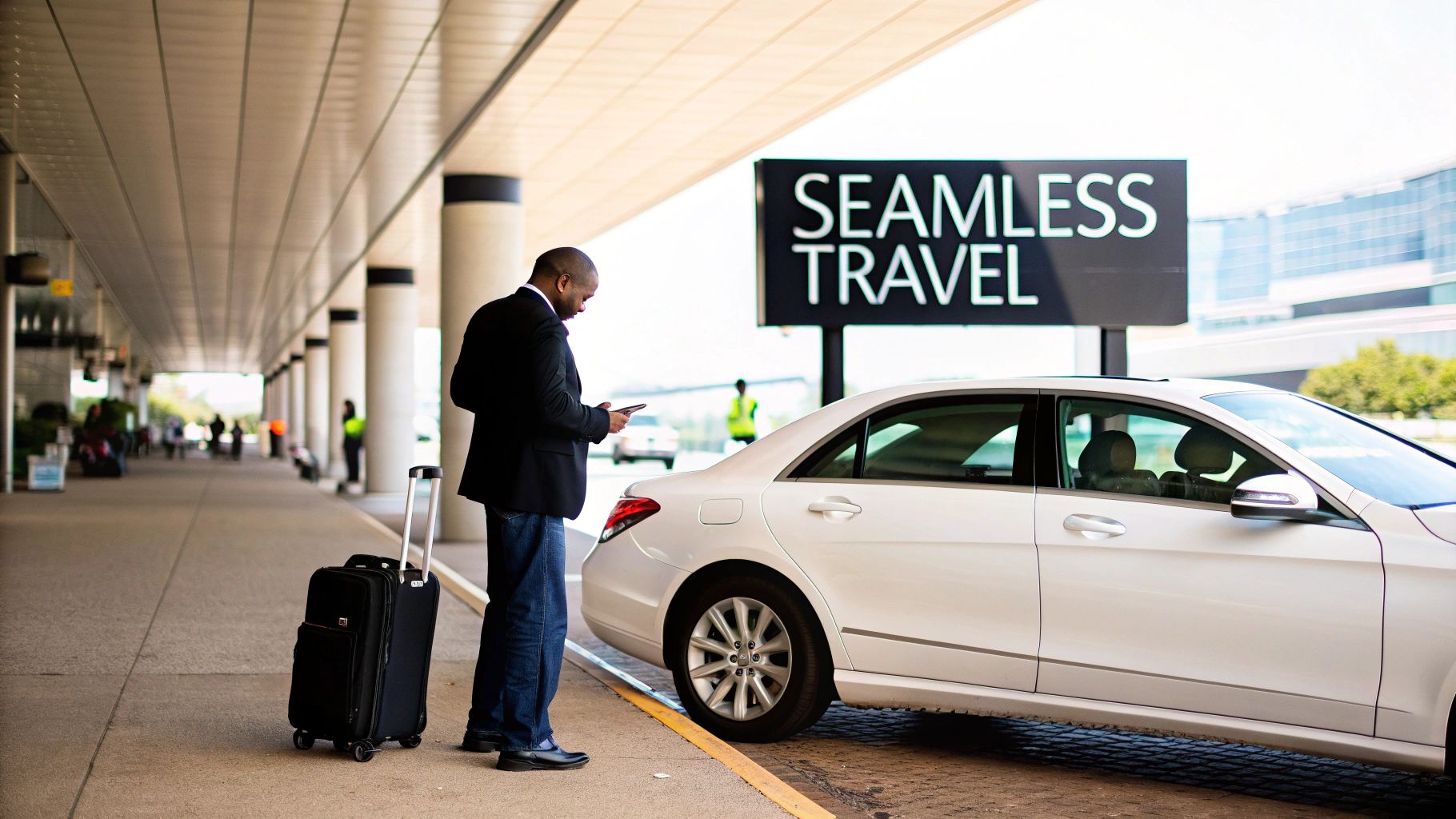 A luxury sedan waiting for a client at O'Hare airport with the terminal in the background.