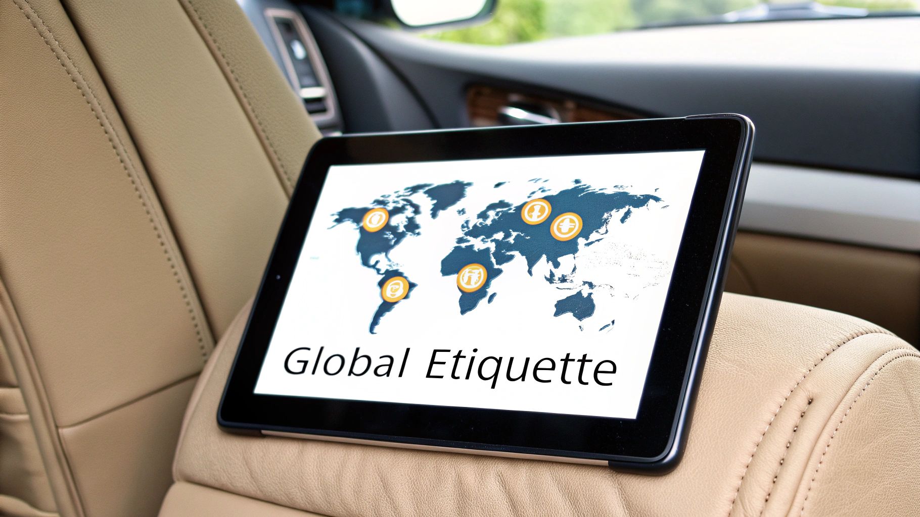 A close-up of a tablet displaying "Global Etiquette" on a world map in a luxurious car interior.