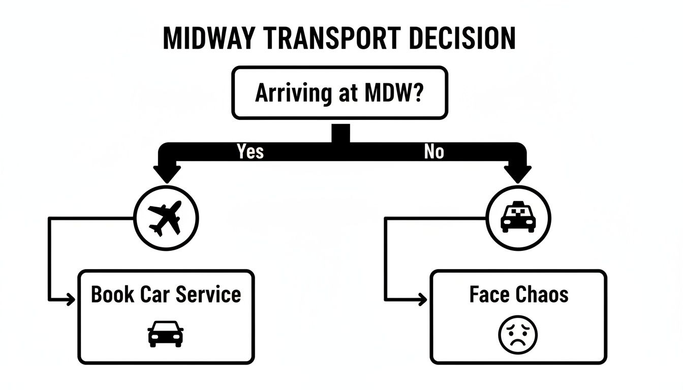 A flowchart for Midway transport decision: arriving at MDW leads to booking car service, otherwise face chaos.