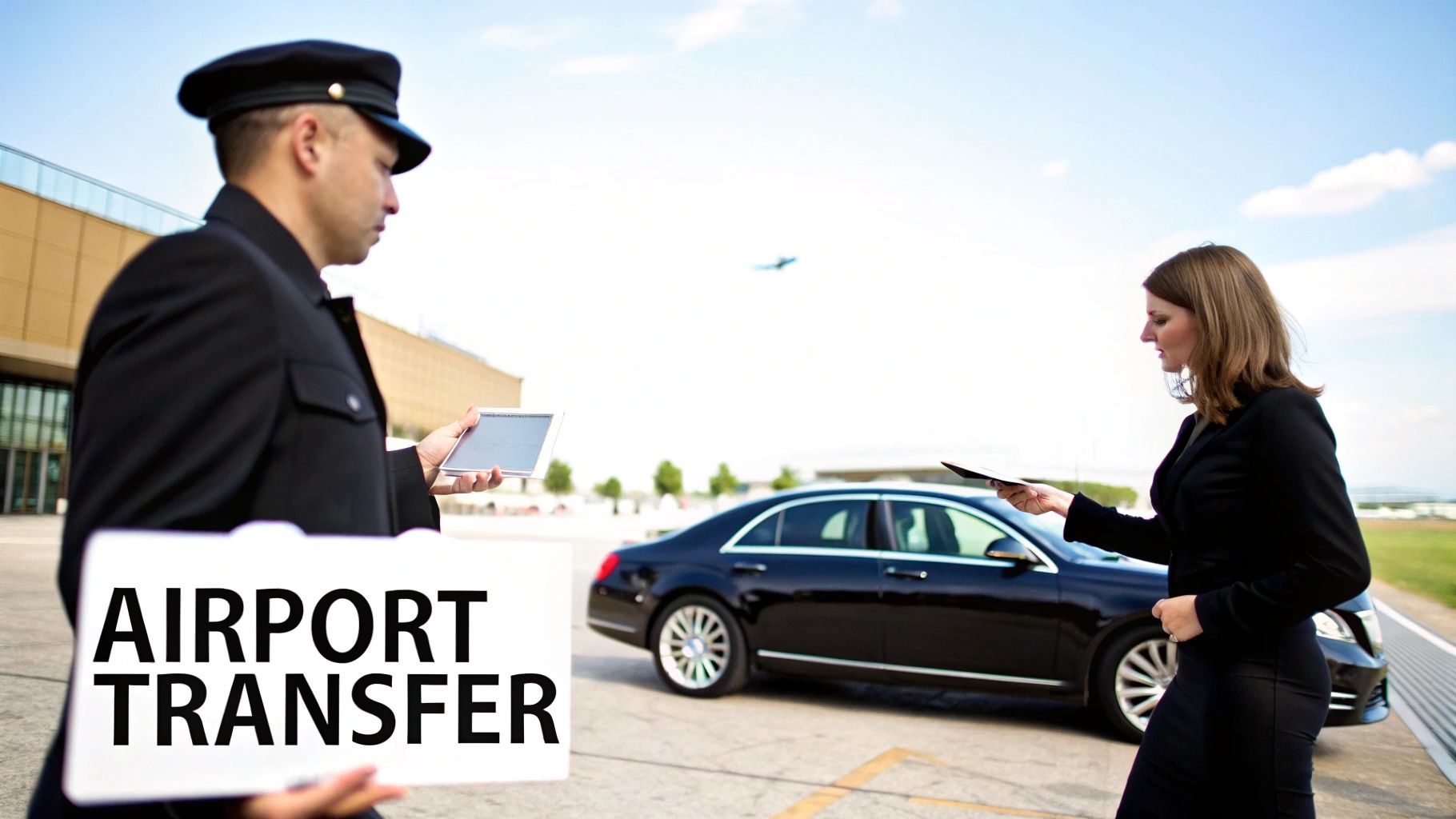 Chauffeur holding an 'AIRPORT TRANSFER' sign and tablet greets a woman near a luxury black car at the airport.