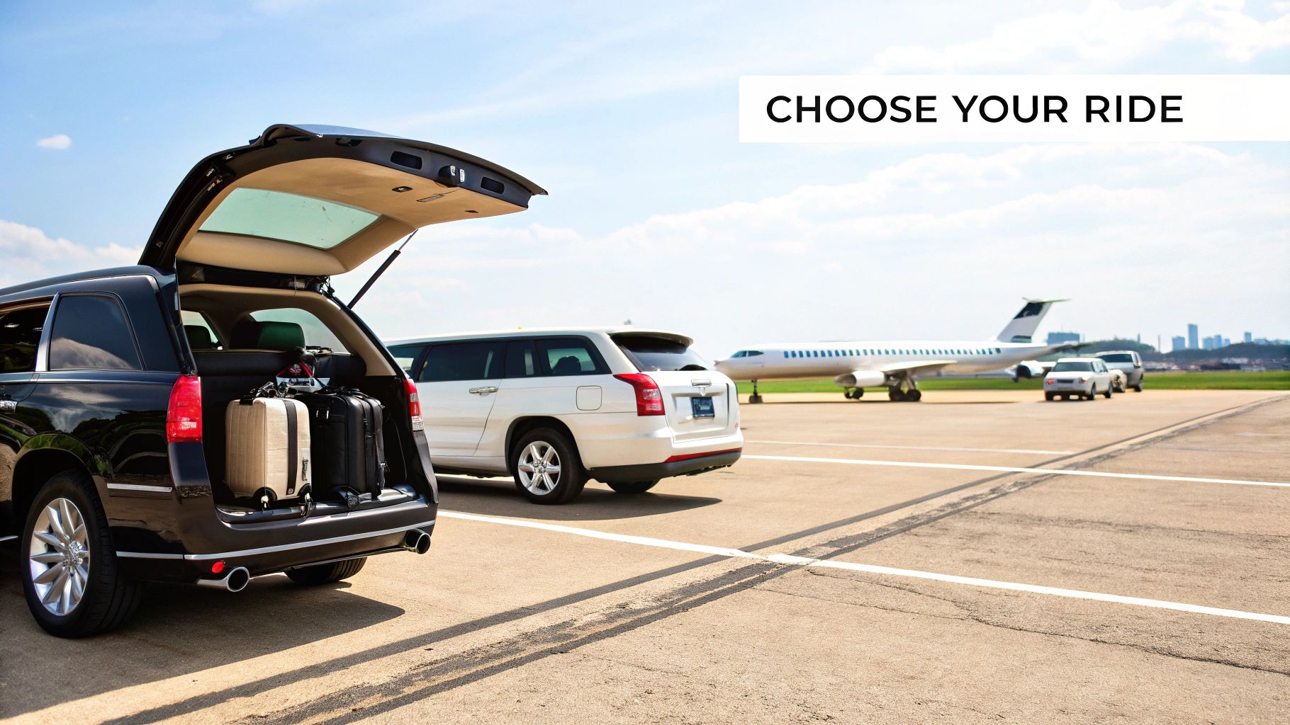Luxury black SUV with luggage at an airfield, ready for private airport transfer with a jet.