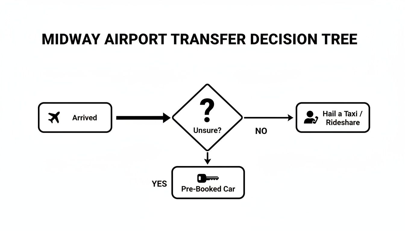 A decision tree flowchart for Midway Airport transfers, guiding users to pre-booked car or taxi/rideshare.