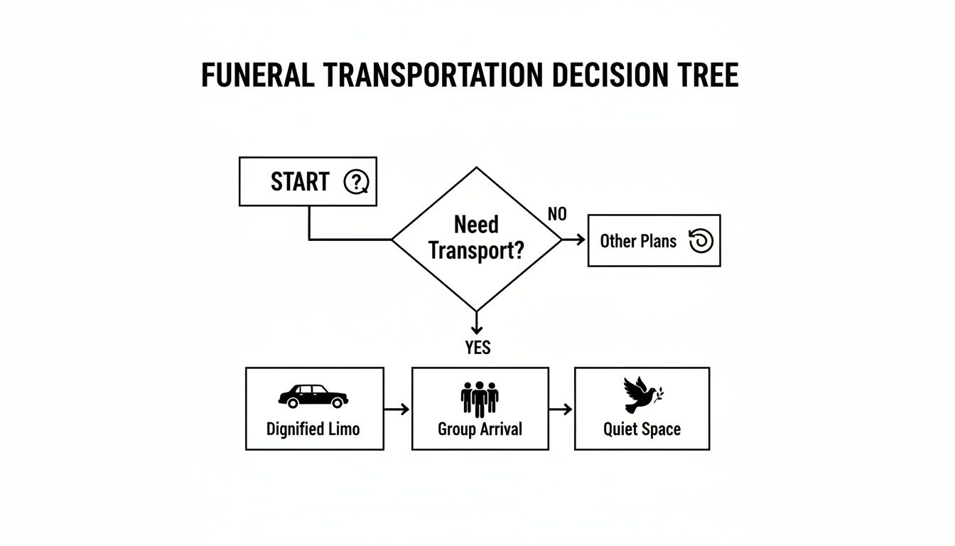 A flowchart titled 'Funeral Transportation Decision Tree' outlining choices for dignified transport and arrival.