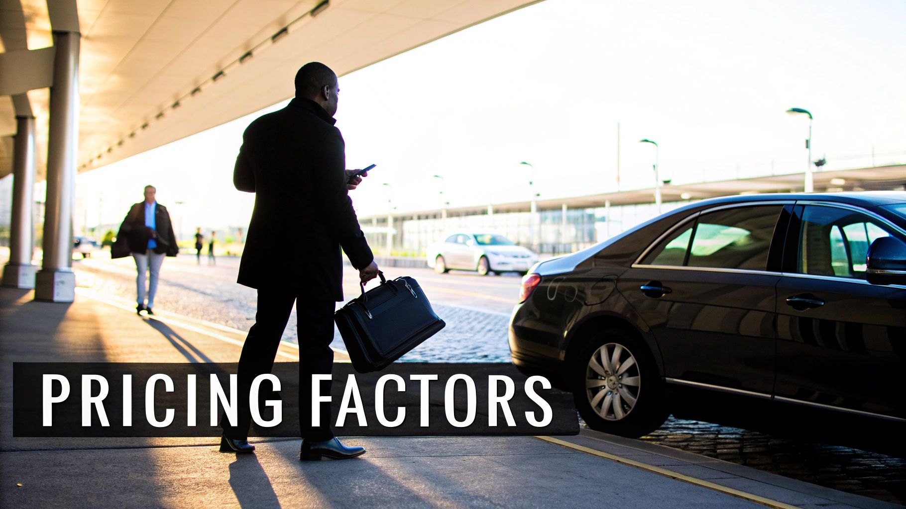 A business traveler with a phone and briefcase awaits a ride from a luxury black car.