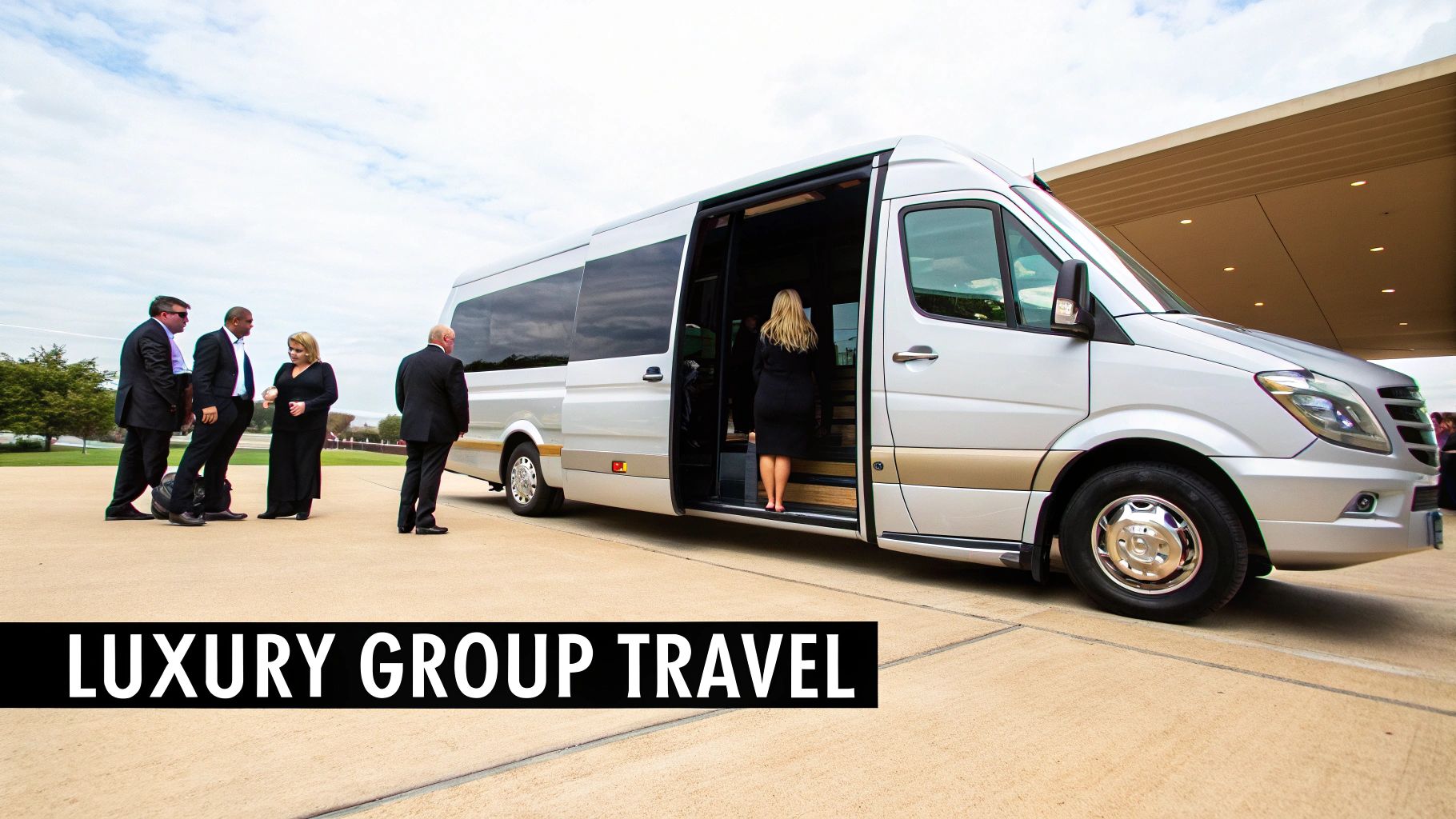 A group of formally dressed people board a sleek, silver Mercedes-Benz luxury limousine bus.