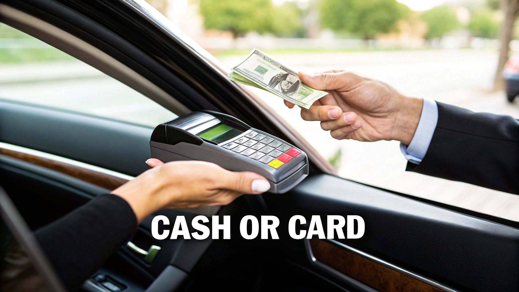A person's hand offering cash from a car, while another hand holds a credit card payment terminal.