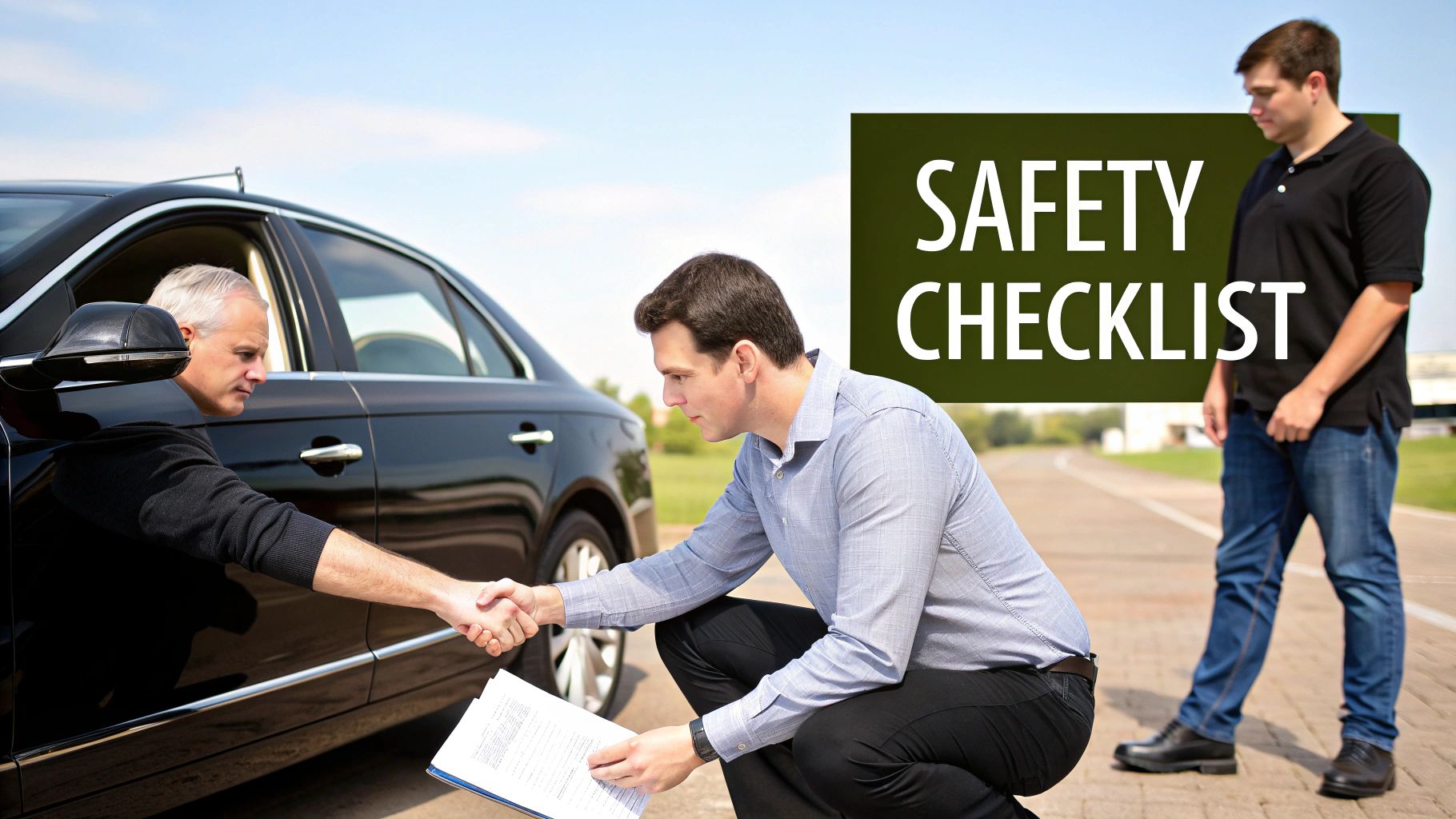 Two men shake hands next to a black car while reviewing a document titled "Safety Checklist."