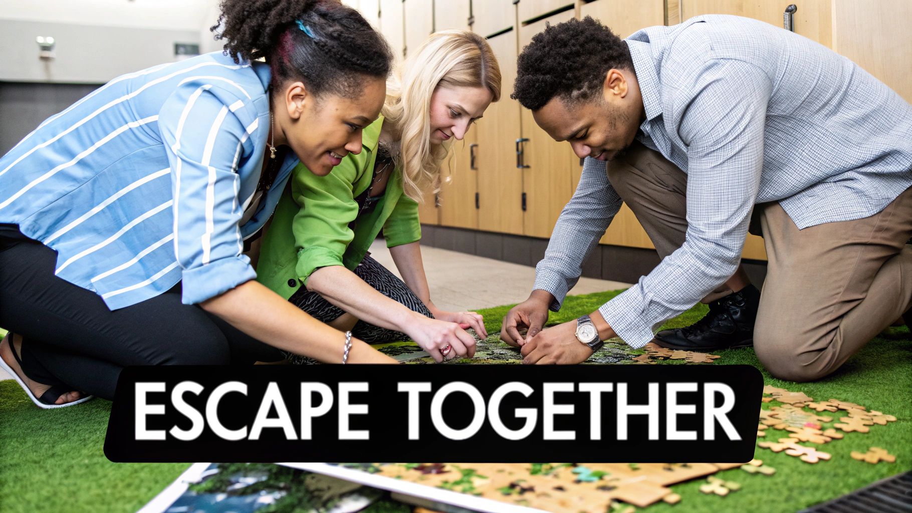 A team works together to solve a puzzle in an escape room.
