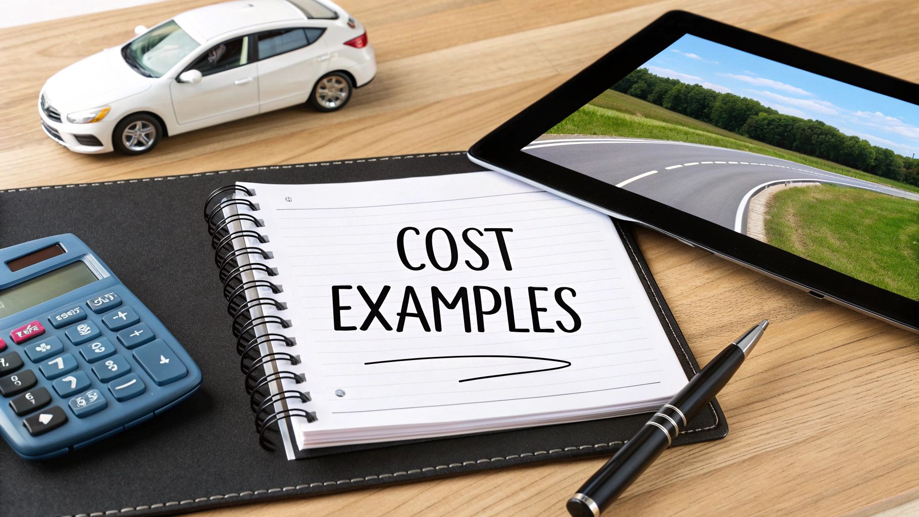 A desk with a toy car, calculator, notebook displaying 'COST EXAMPLES', pen, and tablet showing a road.