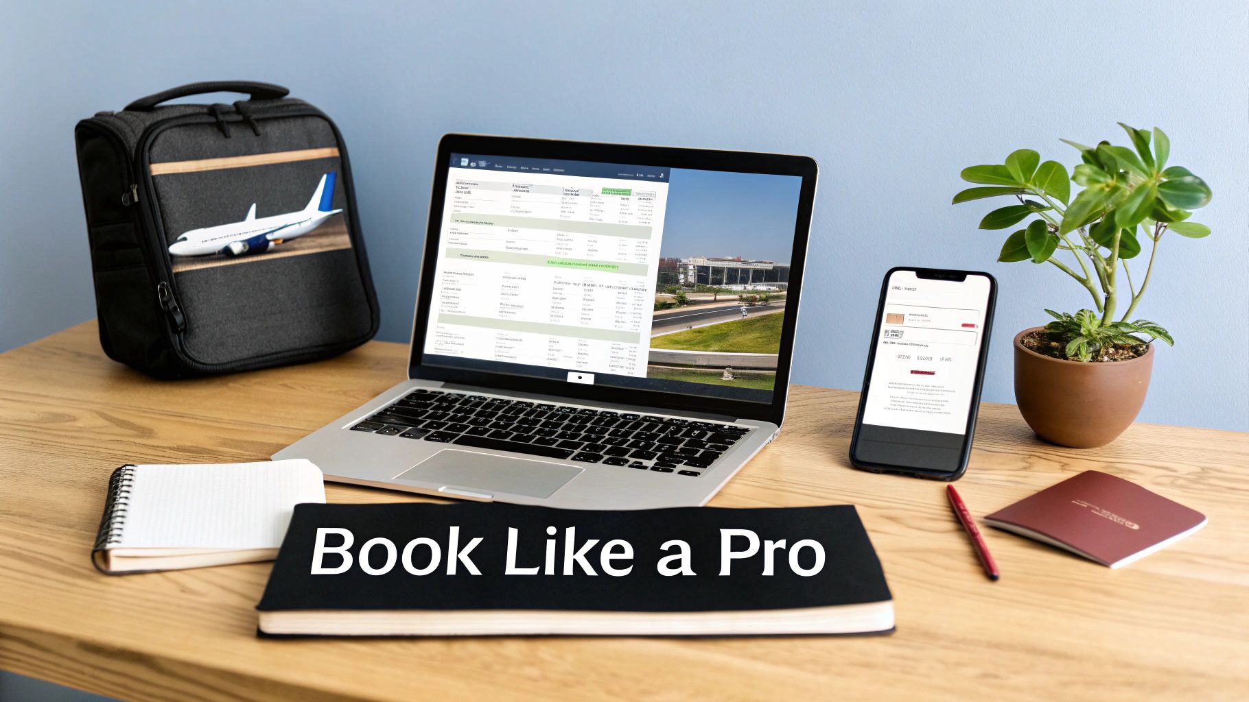 A professional desk setup featuring a laptop with travel booking software, smartphone, and travel bag, for efficient business trip planning.
