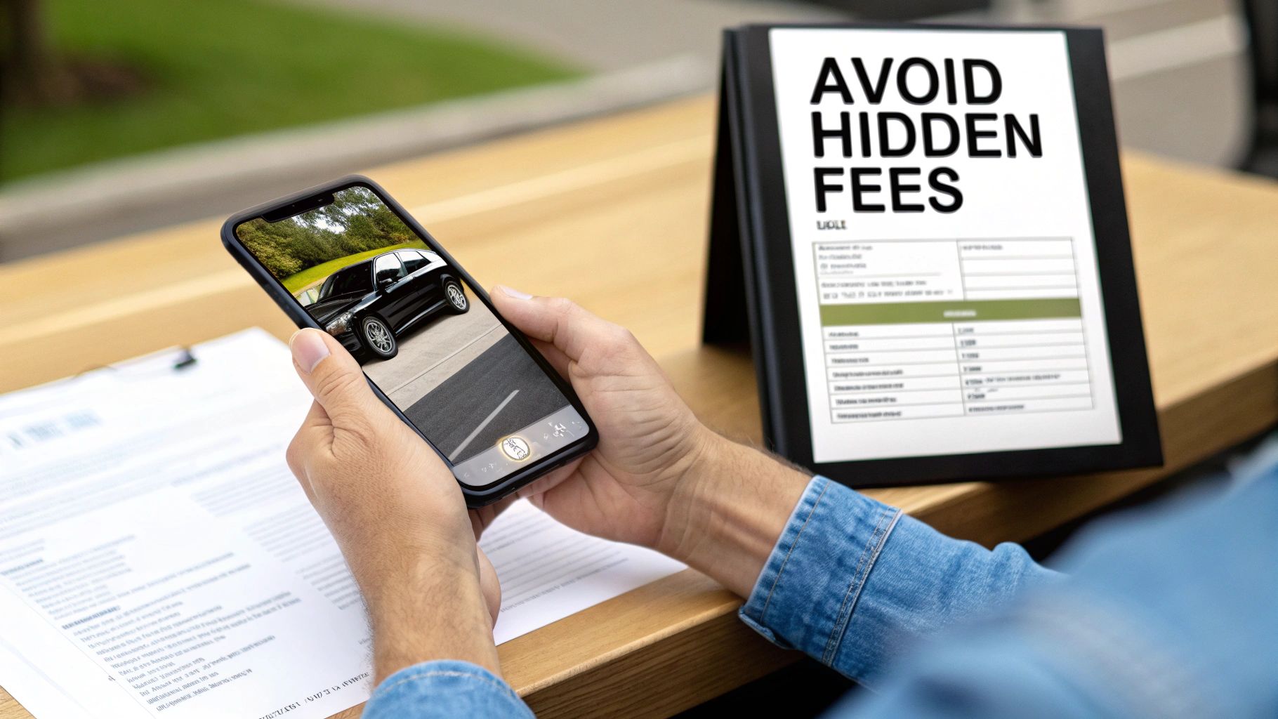 Person holding smartphone displaying a black car, next to a sign advising to 'AVOID HIDDEN FEES' on a table.