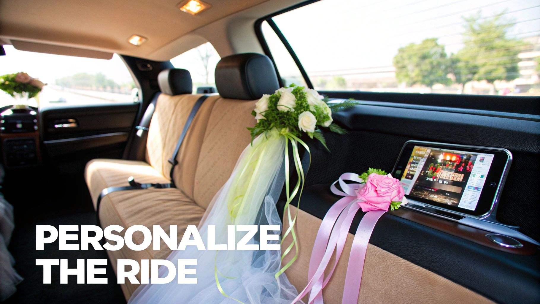 Luxurious limousine interior decorated with white and pink flowers, ribbons, and a tablet for a personalized ride.