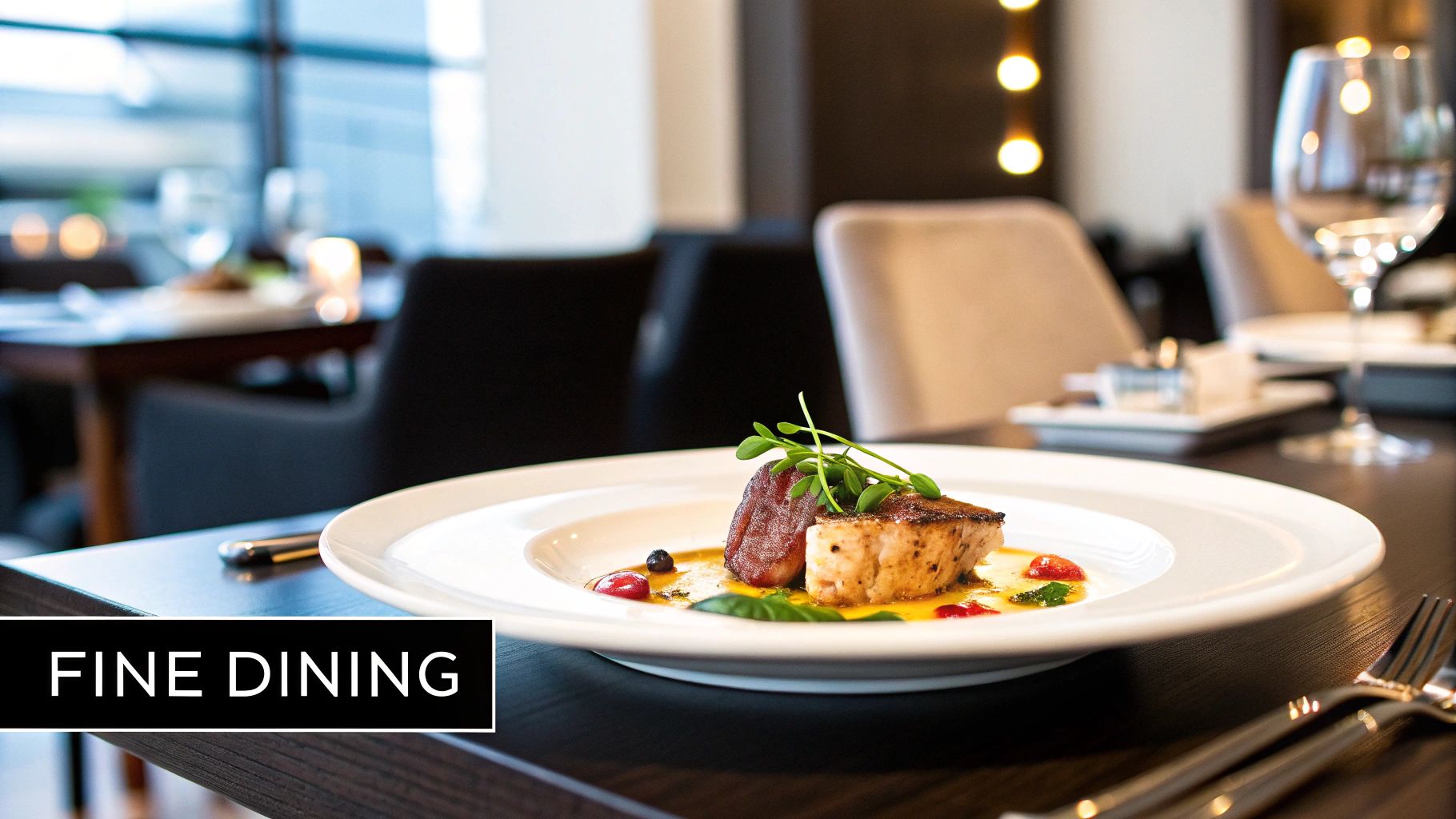 A finely plated meal with seared meat or fish, vibrant sauce, and fresh garnish in a chic restaurant.