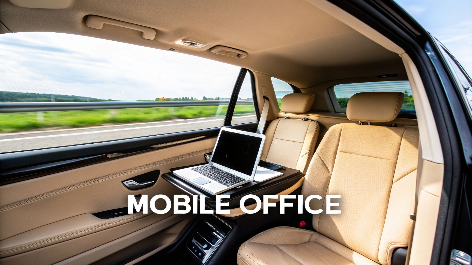 A laptop on a fold-out tray in the back of a moving car, symbolizing a mobile office.