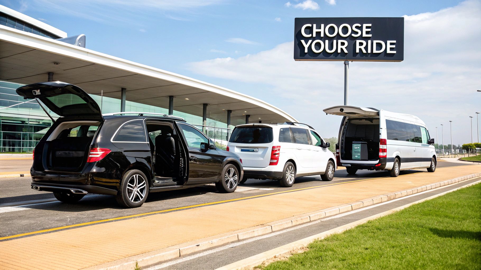 Three luxury vehicles, including an SUV and vans, with open trunks at an airport under a 'CHOOSE YOUR RIDE' sign.