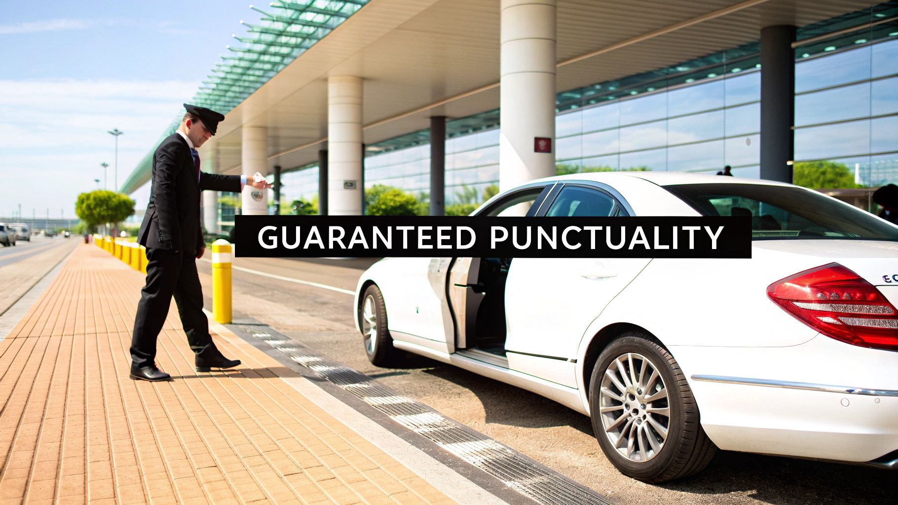 A professional chauffeur opening the door of a luxury black car for a passenger.
