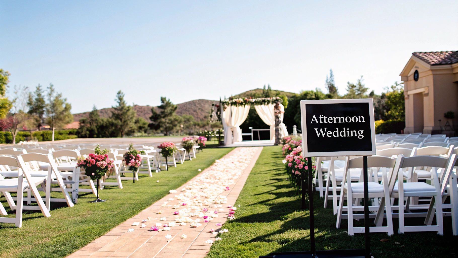 An outdoor wedding ceremony setup featuring white chairs, a petal-strewn aisle, and a floral arch. A sign reads "Afternoon Wedding."
