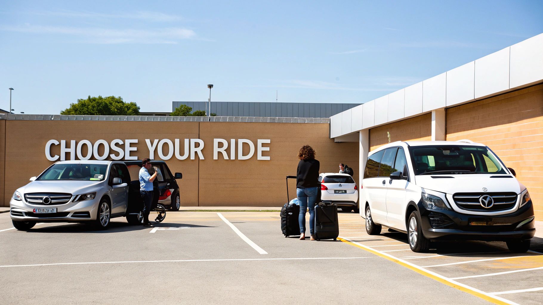 Passengers and drivers with luxury vans at a car service pickup zone under a blue sky.