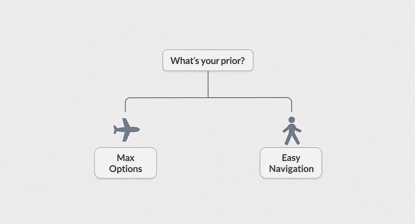 A decision tree asks 'What's your prior?', leading to 'Max Options' with an airplane icon or 'Easy Navigation' with a person icon.