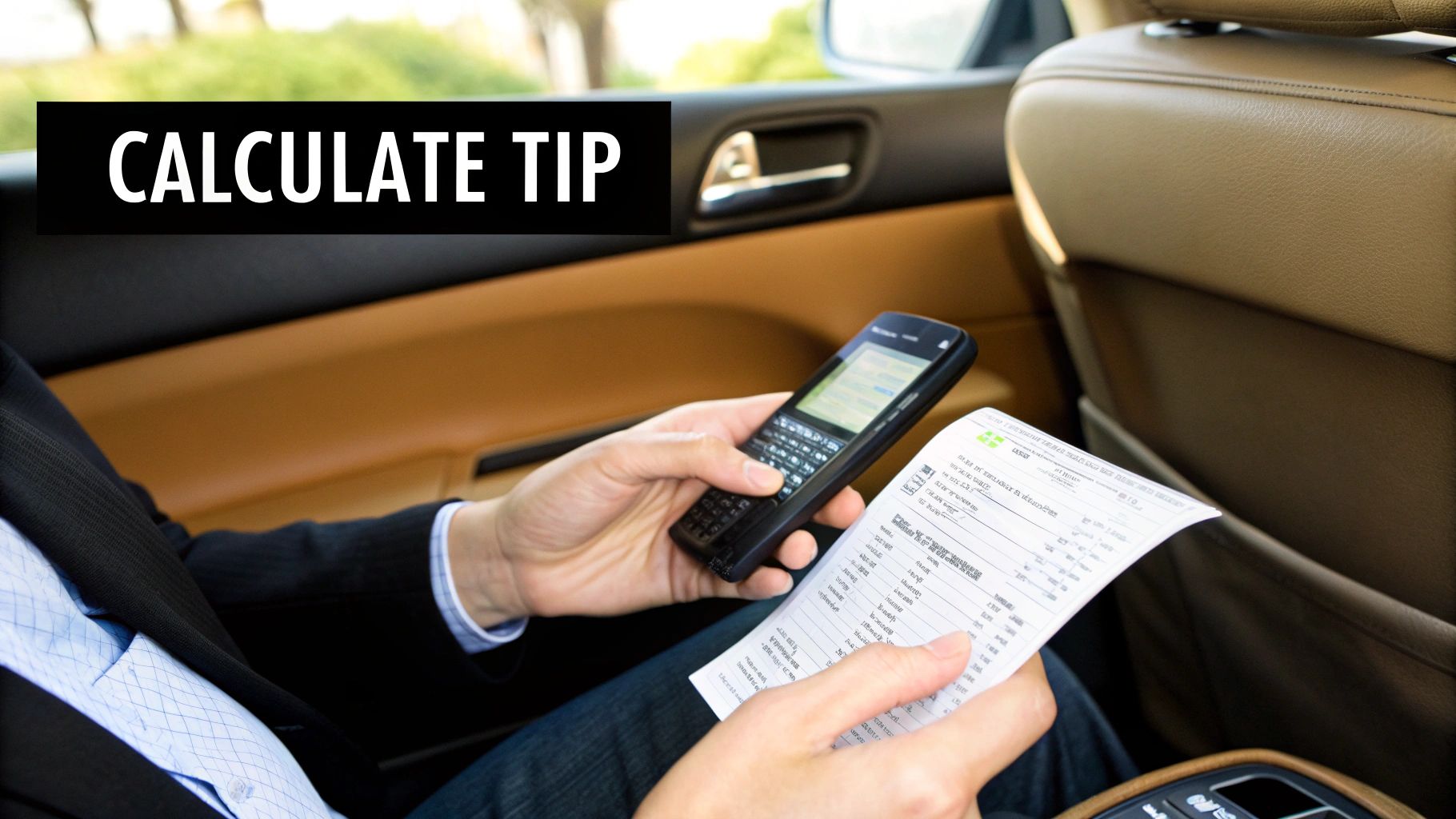 A person in a car calculates a tip using a smartphone and a paper receipt.