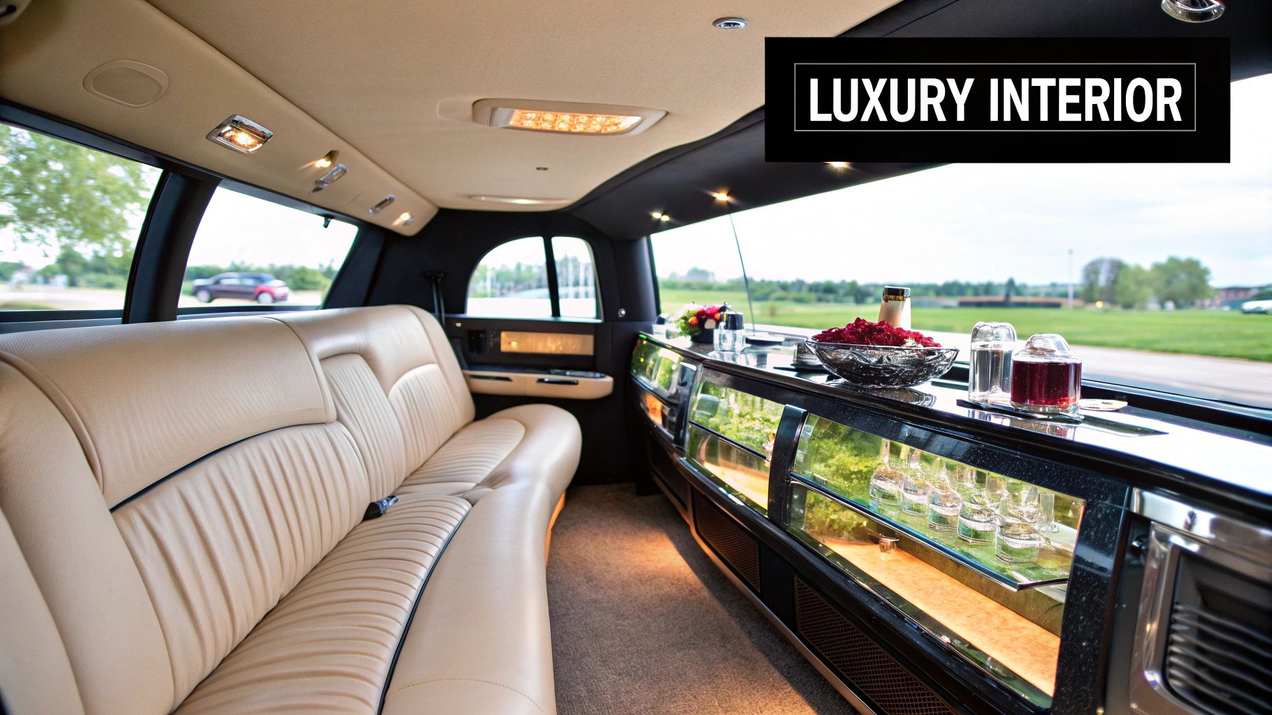 Elegant limousine interior with plush tan seating, illuminated bar with glasses, and drinks.