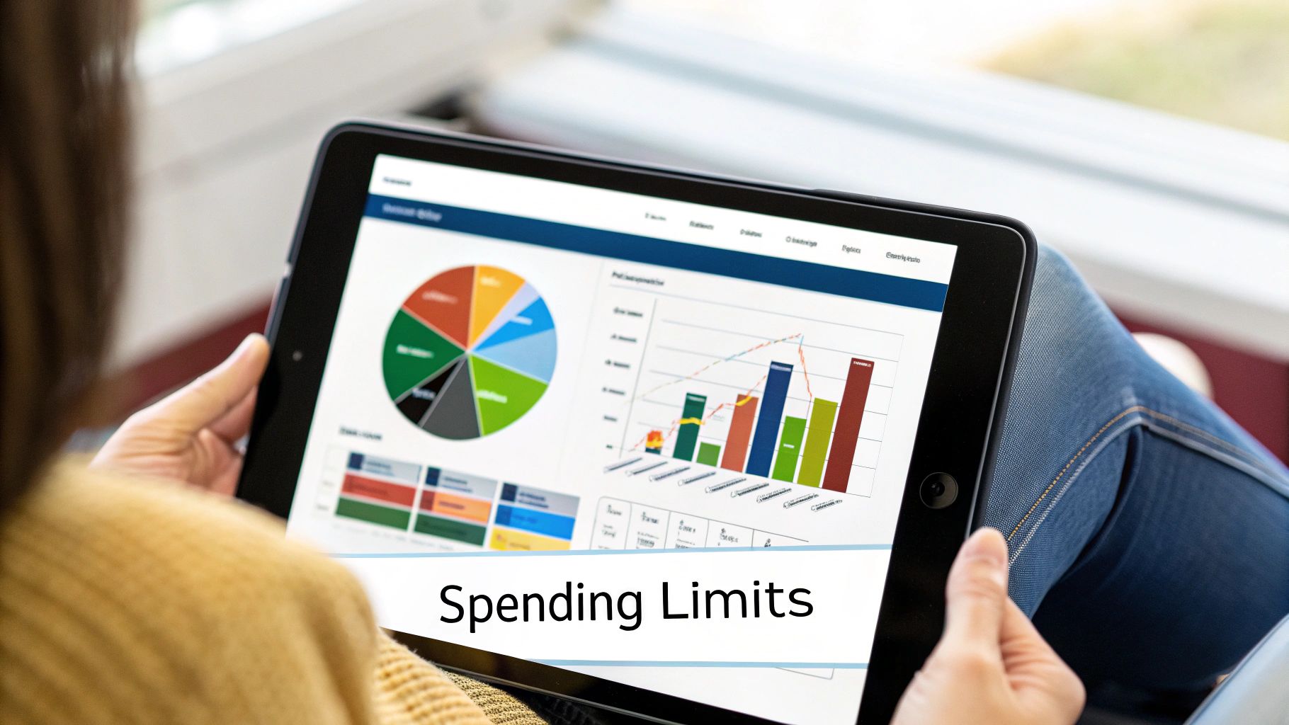 A person is reviewing their travel expenses on a tablet, with a city skyline in the background, representing financial control.