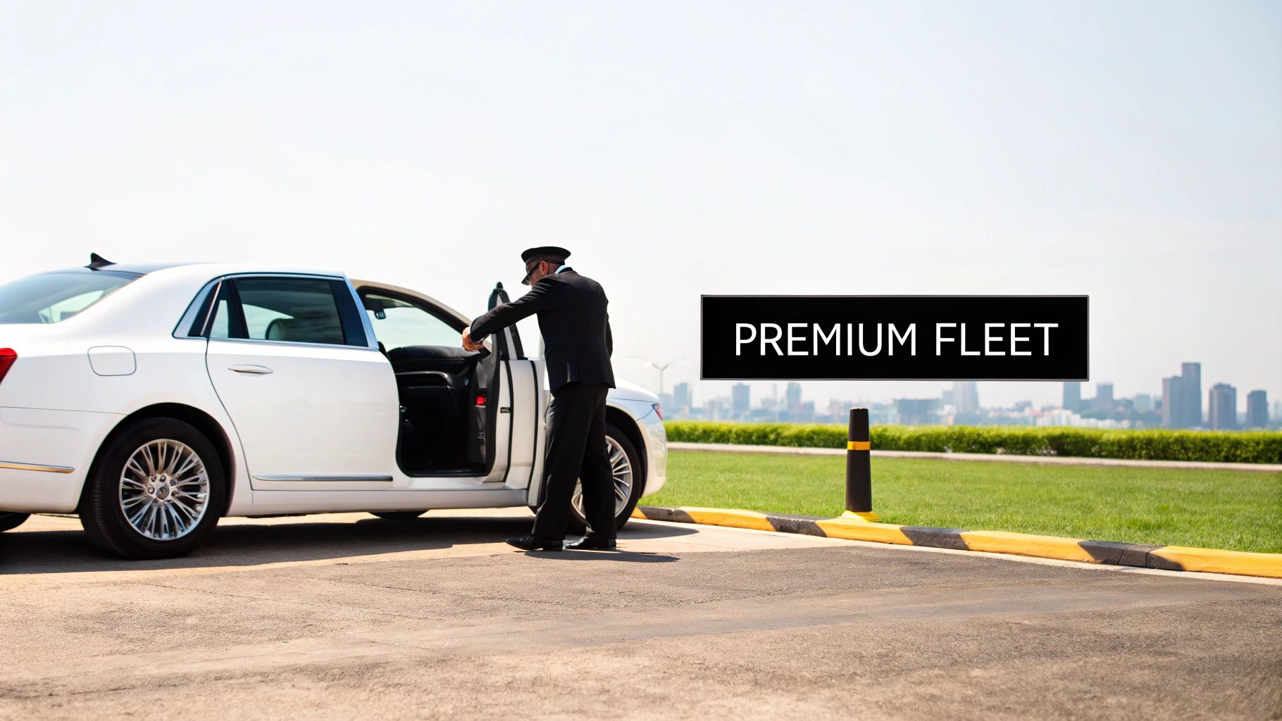 A uniformed chauffeur opens the door of a white luxury car, with a 'PREMIUM FLEET' sign and city skyline.