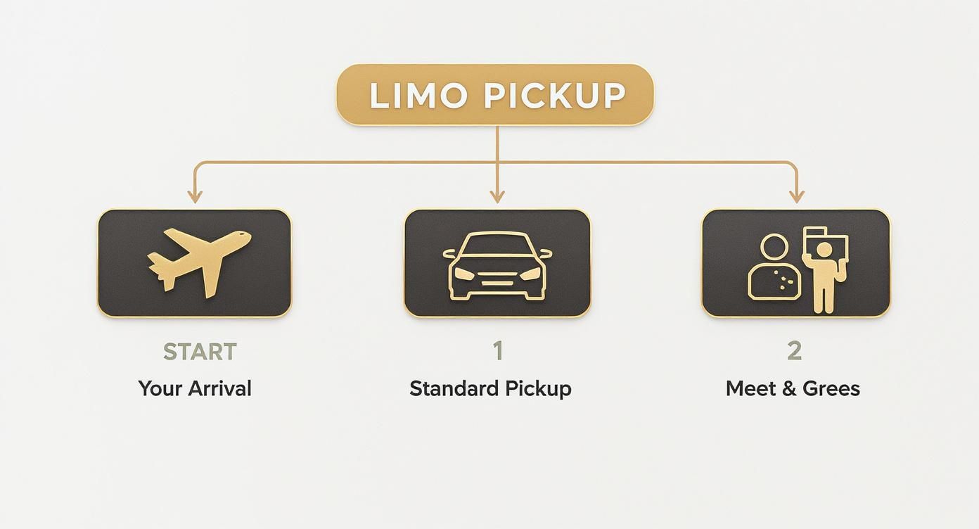Limo pickup service flowchart showing arrival, standard pickup, and meet and greet options