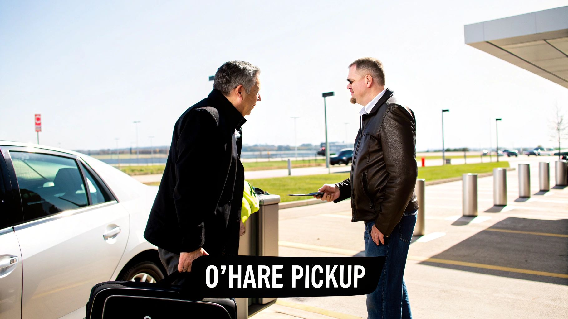 Two men at an O'Hare airport pickup, one handing an item to another near a white car and luggage.
