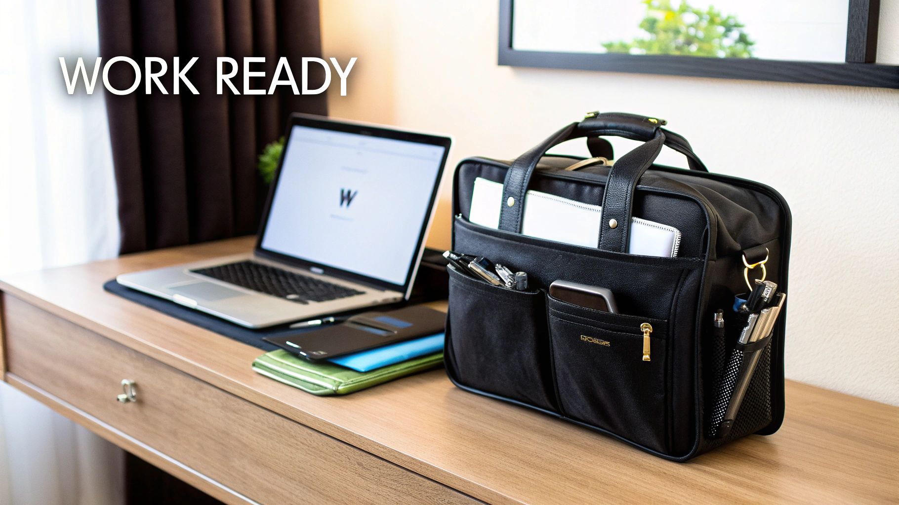 Professional black briefcase and laptop on a wooden desk, symbolizing work readiness.