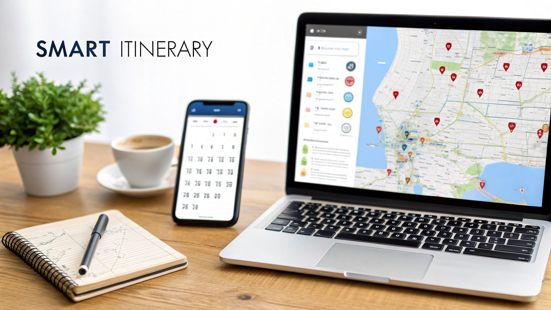 Smart itinerary planning with a laptop map, smartphone calendar, and office essentials on a wooden desk.