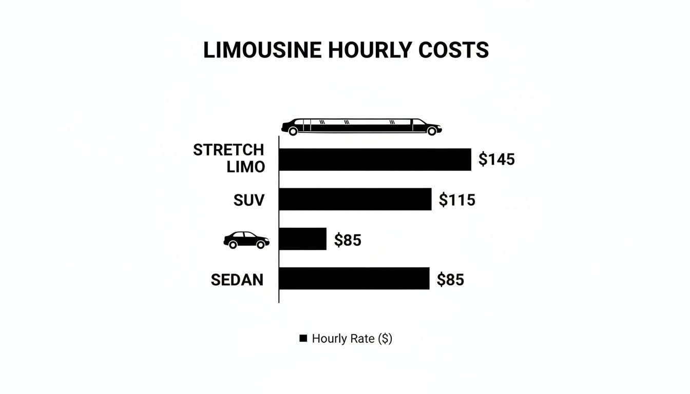 Bar chart displaying hourly costs for stretch limos, SUVs, and sedans.