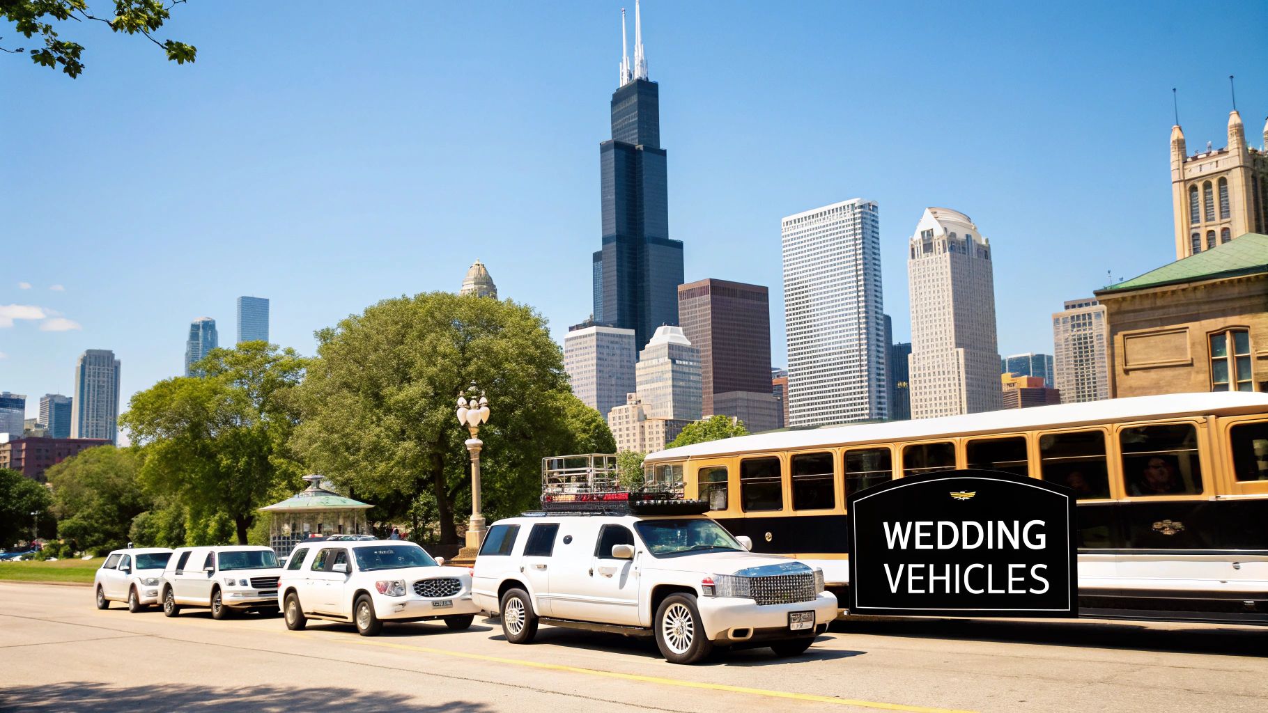 A classic white limousine decorated for a wedding parked in front of a modern Chicago building