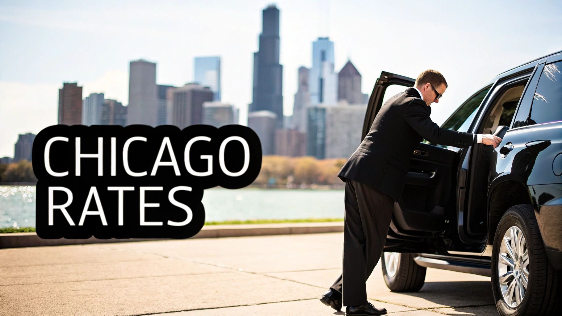 A chauffeur in a suit opens a black luxury car door with the Chicago skyline in the background.