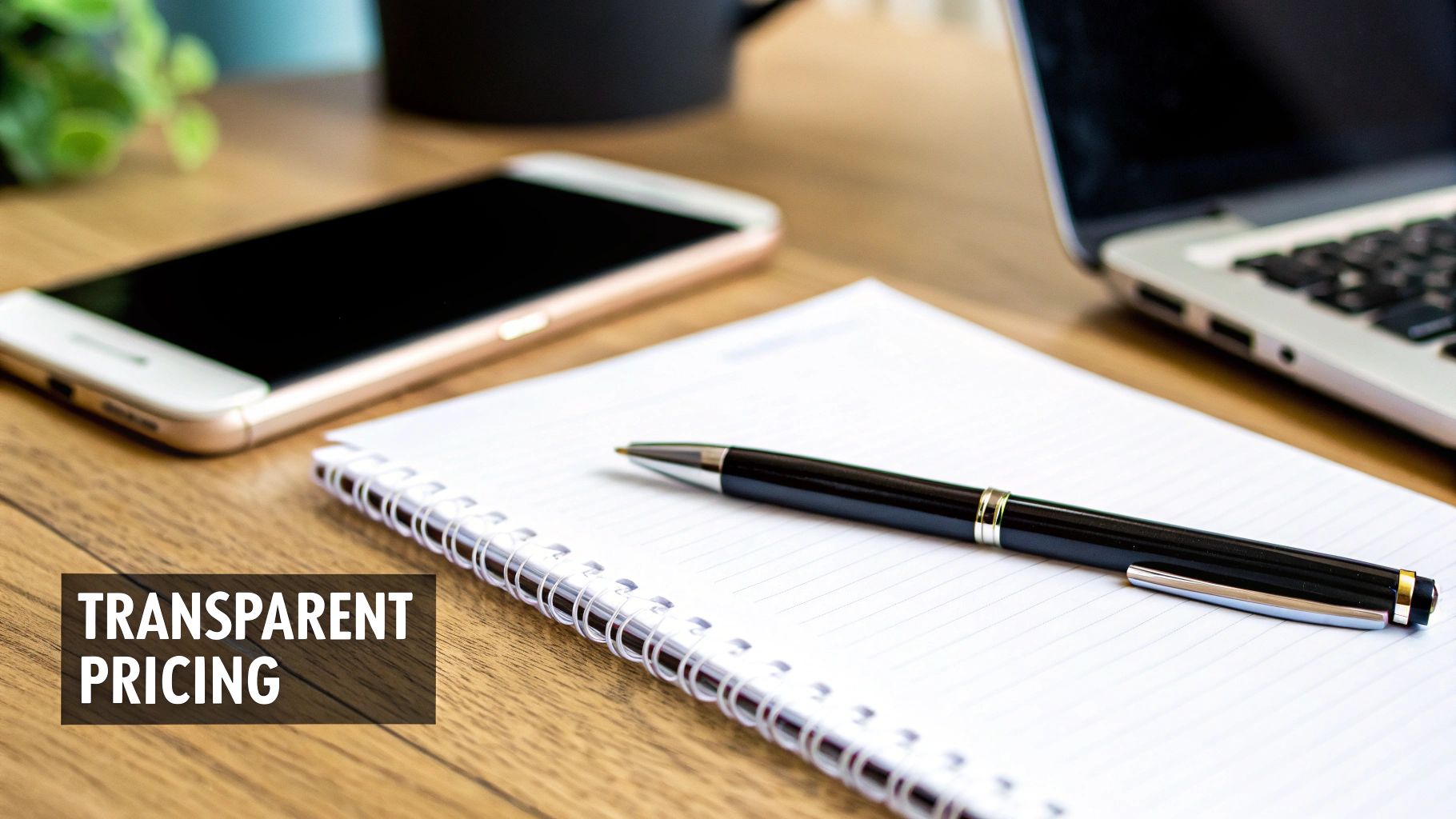 A clean office desk setup featuring a smartphone, notebook, pen, and laptop, with 'TRANSPARENT PRICING' text.