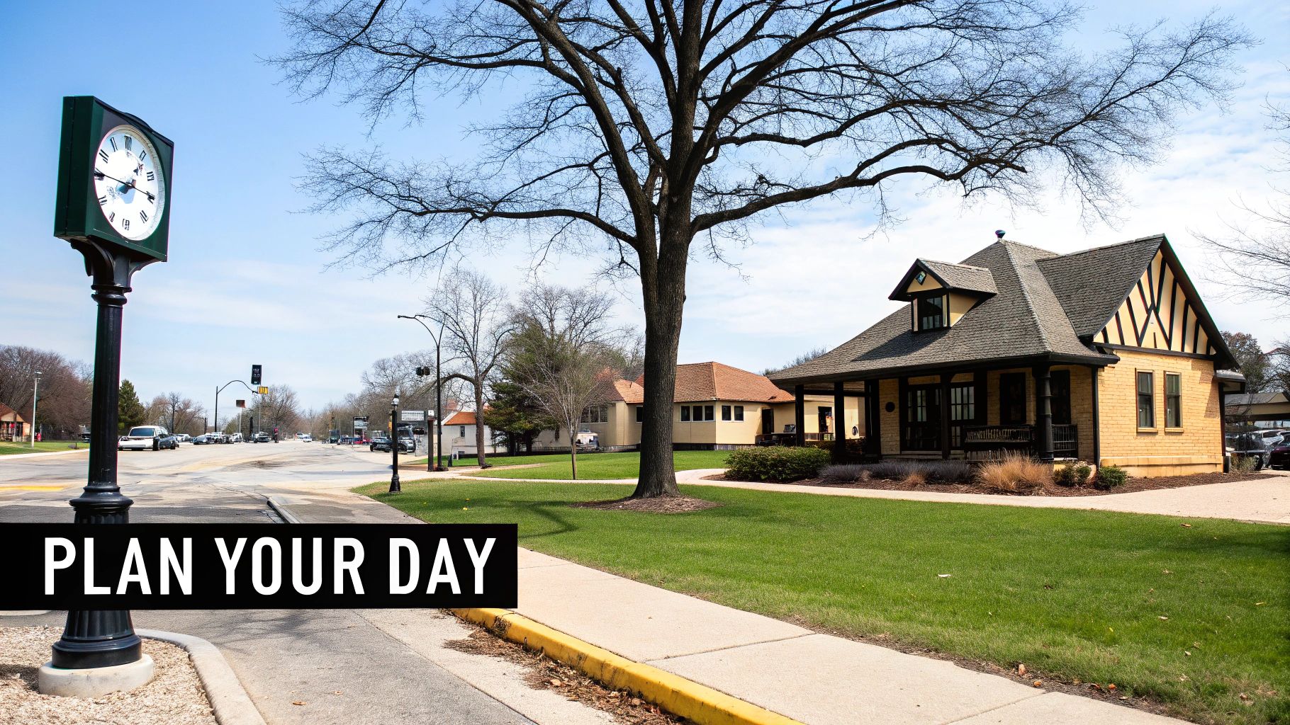 A street scene with a historic yellow brick building, a large bare tree, and a street clock.
